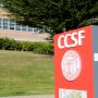 Sign at the City College of San Francisco in California with the school's logo; CCSF.